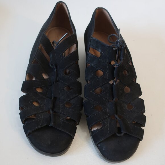 Womens BeautiFeel Black Suede Gladiator Lace Up Mini Wedge Heels 41 US/10-10.5 - Picture 1 of 15